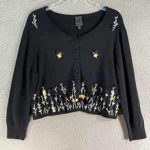 Due Per Due Sweater Women's Large Petite Black Embroidered Silk Cardigan Cottage